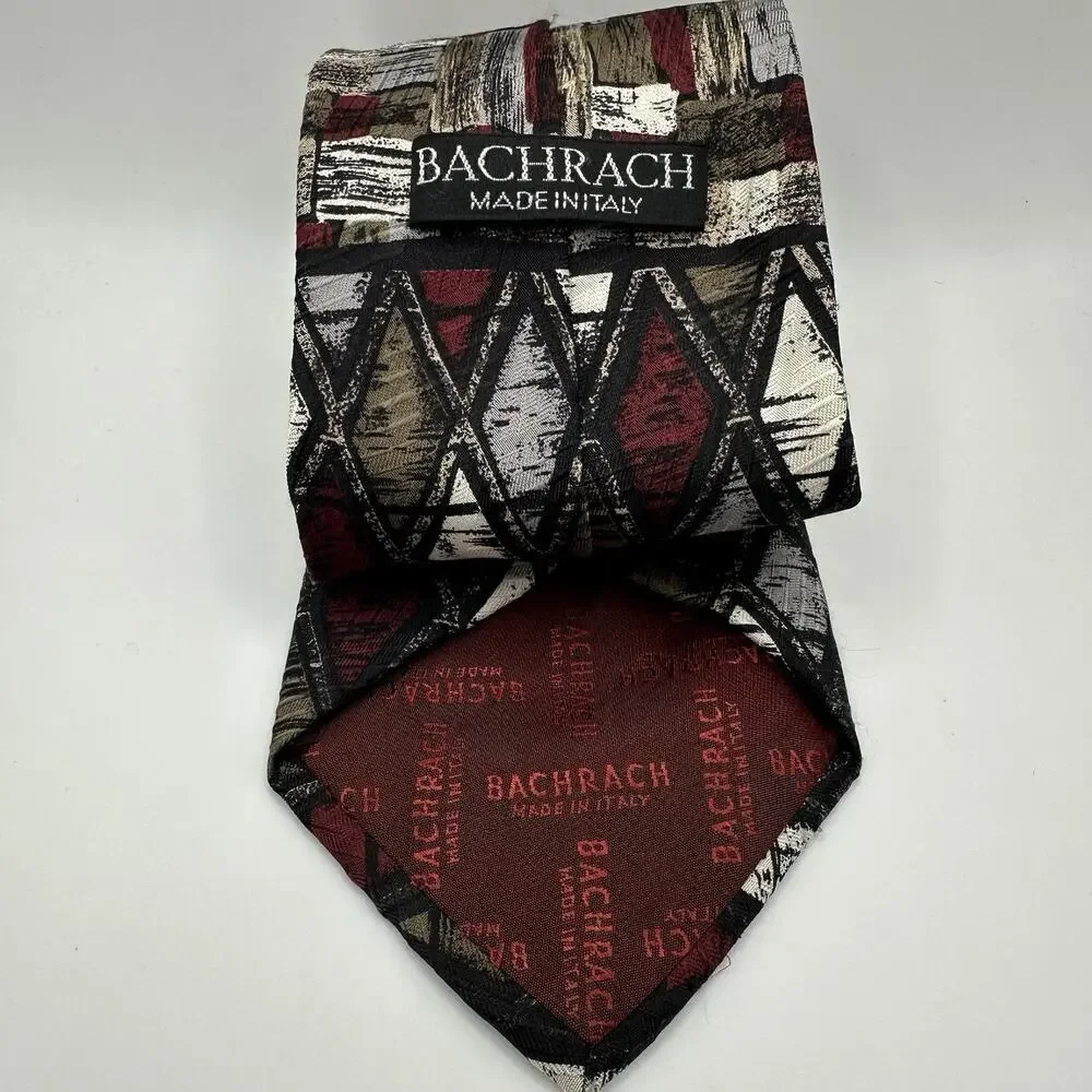 Bachrach‎ Tie Made In Italy 100% Silk Geometric Diamond Red Gray Black